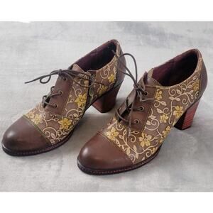 L'ARTISTE SPRING STEP OXFORD Lace Up EUR 41 Brown leather Floral Heel Shoes Zip
